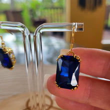 Load image into Gallery viewer, Beautiful Blue Sapphire Earrings dangle vintage style 24K. Large stone earrings. Blue stone Corundum earrings. Throat chakra jewelry.