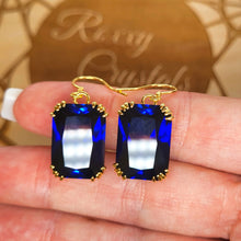 Load image into Gallery viewer, Beautiful Blue Sapphire Earrings dangle vintage style 24K. Large stone earrings. Blue stone Corundum earrings. Throat chakra jewelry.