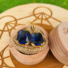 Load image into Gallery viewer, Beautiful Blue Sapphire Earrings dangle vintage style 24K. Large stone earrings. Blue stone Corundum earrings. Throat chakra jewelry.