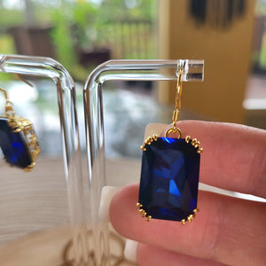 Beautiful Blue Sapphire Earrings dangle vintage style 24K. Large stone earrings. Blue stone Corundum earrings. Throat chakra jewelry.