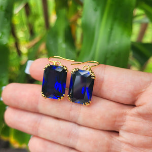 Beautiful Blue Sapphire Earrings dangle vintage style 24K. Large stone earrings. Blue stone Corundum earrings. Throat chakra jewelry.