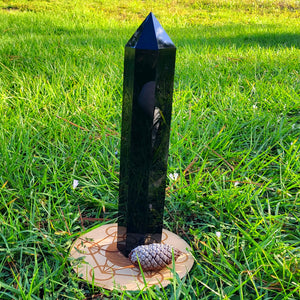 Большой наконечник обелиска из натурального обсидиана с основанием ручной работы. Большой Исцеляющий Кристалл. Медитация Рейки Корневая Чакра Черный кристалл
