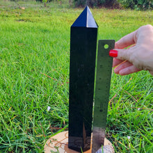 Load image into Gallery viewer, Large Natural Obsidian Obelisk Point with Hand Crafted Base. Large Healing Crystal. Meditation Reiki Root Chakra Black crystal
