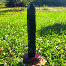Load image into Gallery viewer, Large Natural Obsidian Obelisk Point with Hand Crafted Base. Large Healing Crystal. Meditation Reiki Root Chakra Black crystal
