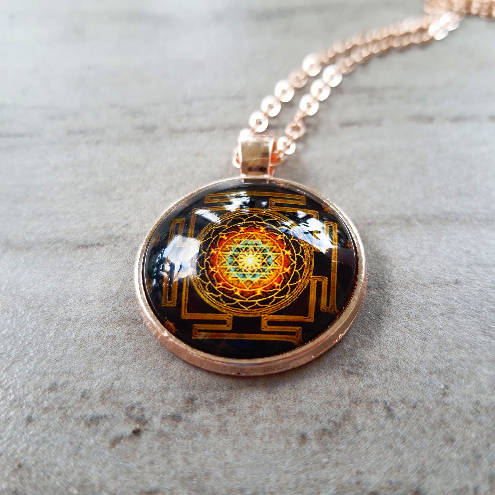 Sri Yantra necklace gold metal. For men and women jewelry Sacred geome –  Roxxy Crystals