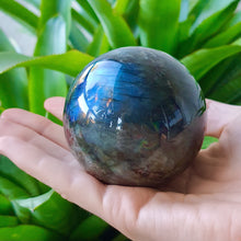 Load image into Gallery viewer, Labradorite Sphere Ball with a golden base. Healing Crystals, reiki, throat chakra crystal, meditation crystals. Third eye crystal. Wicca
