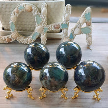 Load image into Gallery viewer, Labradorite Sphere Ball with a golden base. Healing Crystals, reiki, throat chakra crystal, meditation crystals. Third eye crystal. Wicca
