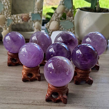 Load image into Gallery viewer, Natural Amethyst Sphere crystal. Sahasrara chakra reiki energy meditation crystal ball with a base
