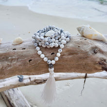Load image into Gallery viewer, Natural Howlite Stone Mala 108 Beads Knot with Silver Tassel. Jewelry, Calming Third Eye Crystals. Meditation Beads. Roxxy Crystals
