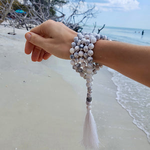 Natural Howlite Stone Mala 108 Beads Knot with Silver Tassel. Jewelry, Calming Third Eye Crystals. Meditation Beads. Roxxy Crystals