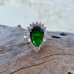 Emerald Ring Luxury Almond Shaped16.27K. White Gold plated. AAA Quality Lab Made. Birthstone ring. Silver ring. Natural Emerald gemstone. Large Emerald ring. Large gemstone ring. Heart shape ring