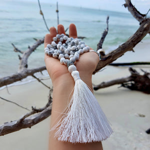 Natural Howlite Stone Mala 108 Beads Knot with Silver Tassel. Jewelry, Calming Third Eye Crystals. Meditation Beads. Roxxy Crystals