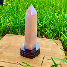 Load image into Gallery viewer, Angel Aura Rose Quartz Point Obelisk. Large Healing Metaphysical Crystal with handmade Base. Home Decor Crystals Meditation Reiki, Wicca
