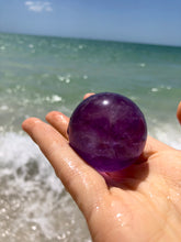 Load image into Gallery viewer, Natural Amethyst Sphere crystal. Sahasrara chakra reiki energy meditation crystal ball with a base
