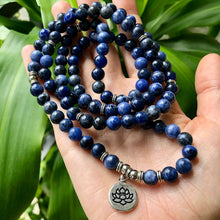 Load image into Gallery viewer, Natural Sodalite Mala 108 Beads. Protection crystal, Throat chakra, Vishuddha reiki. Meditation Spiritual jewelry, Sodalite bracelet.
