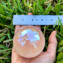 Load image into Gallery viewer, Angel Aura Rose Quartz Sphere. Large Healing Metaphysical Crystal with handmade wooden Base. Home Decor Crystals Meditation Reiki, Wicca
