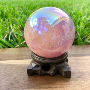 Angel Aura Rose Quartz Sphere. Large Healing Metaphysical Crystal with handmade wooden Base. Home Decor Crystals Meditation Reiki, Wicca