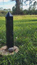 Load and play video in Gallery viewer, Large Natural Obsidian Obelisk Point with Hand Crafted Base. Large Healing Crystal. Meditation Reiki Root Chakra Black crystal
