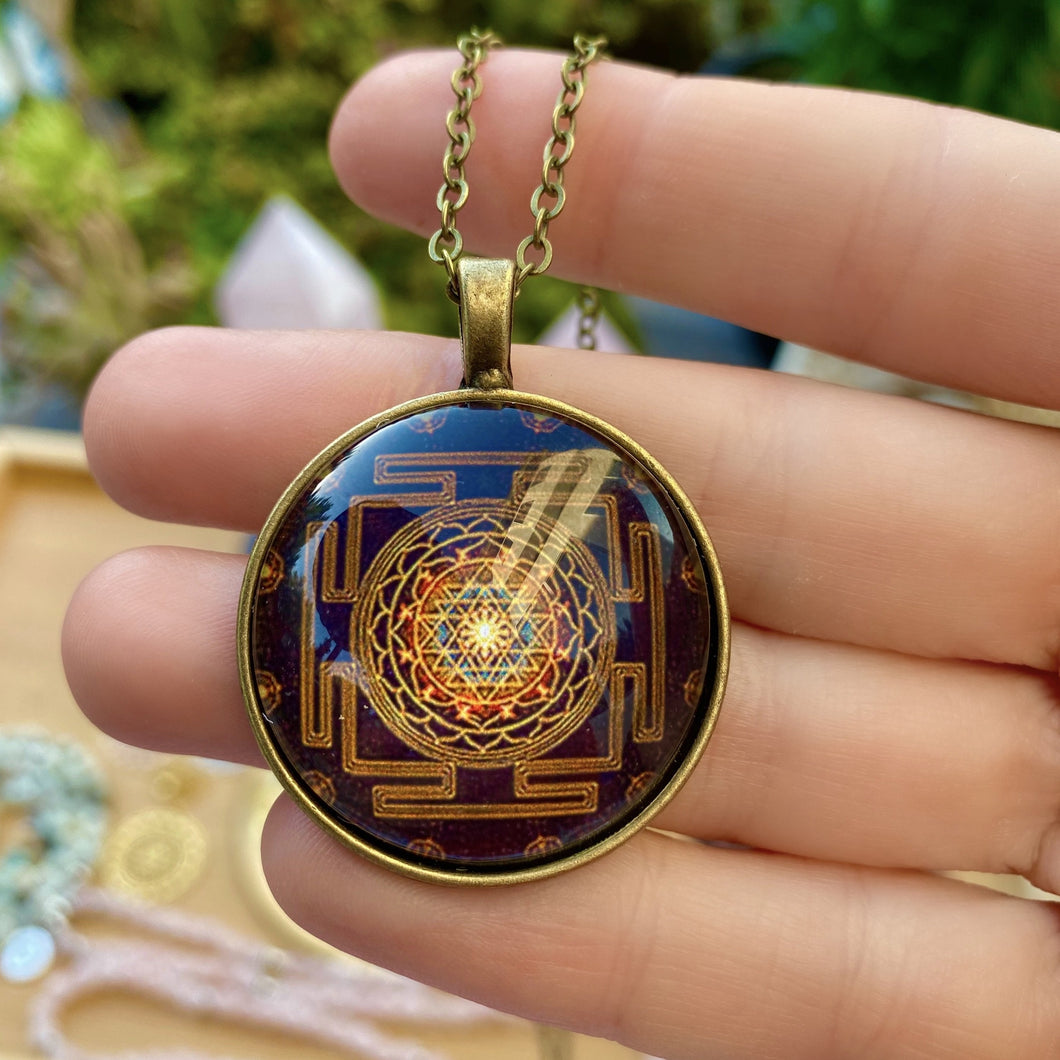 Sri Yantra necklace gold metal. For men and women jewelry Sacred geome –  Roxxy Crystals