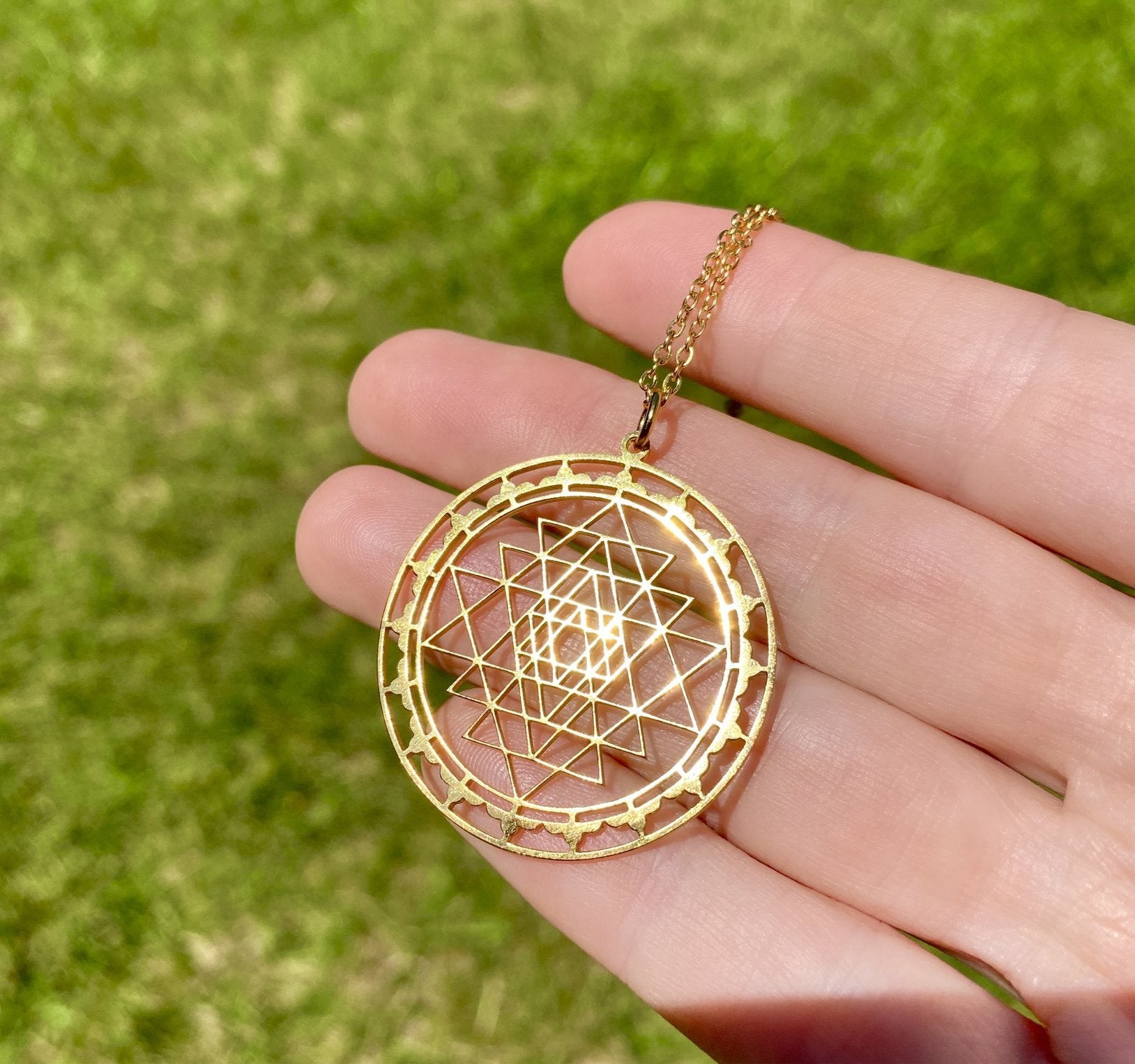 Sri Yantra Sacred Geometry Pendant. Gold Outside Ring Silver 